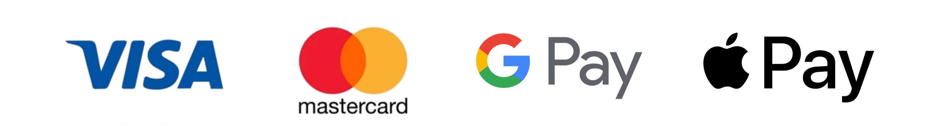 Logos of Visa, Mastercard, Google Pay, and Apple Pay on a white background